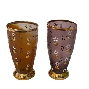 Vintage La Main Do'r Gold‎ Gilt Enamel Hand Painted Pair Drinking Glasses